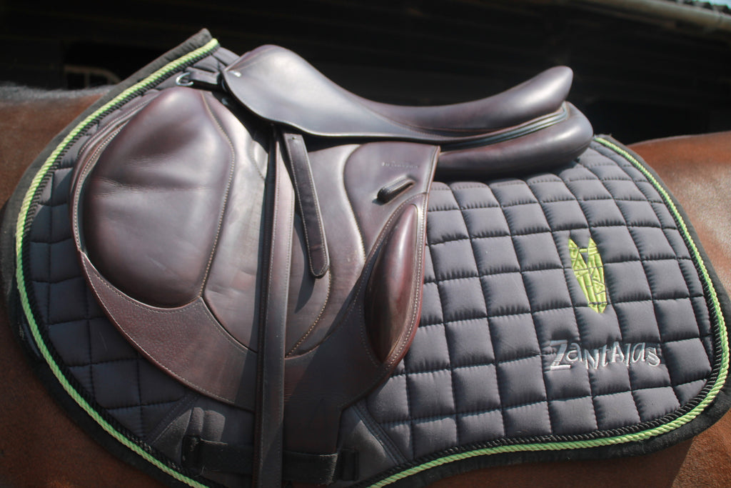 Saddle and saddle pad with a silver green brand logo on a horse's back