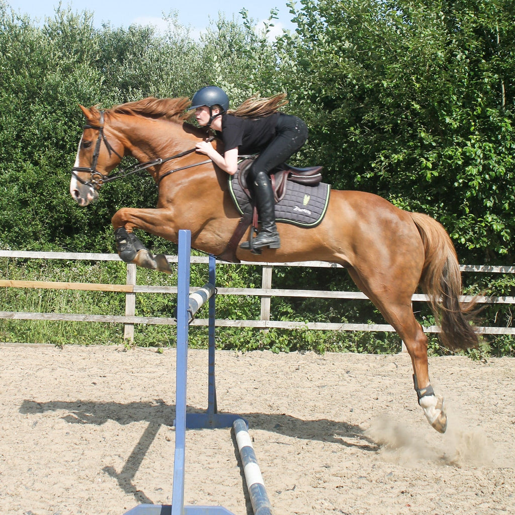 Horse and rider jumping over a large jump wearing a grey saddle pad with a silver green equestrian logo on it
