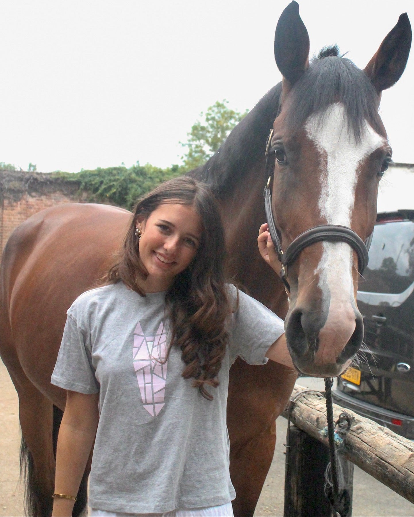 Woman standing next to a horse with a car in the background