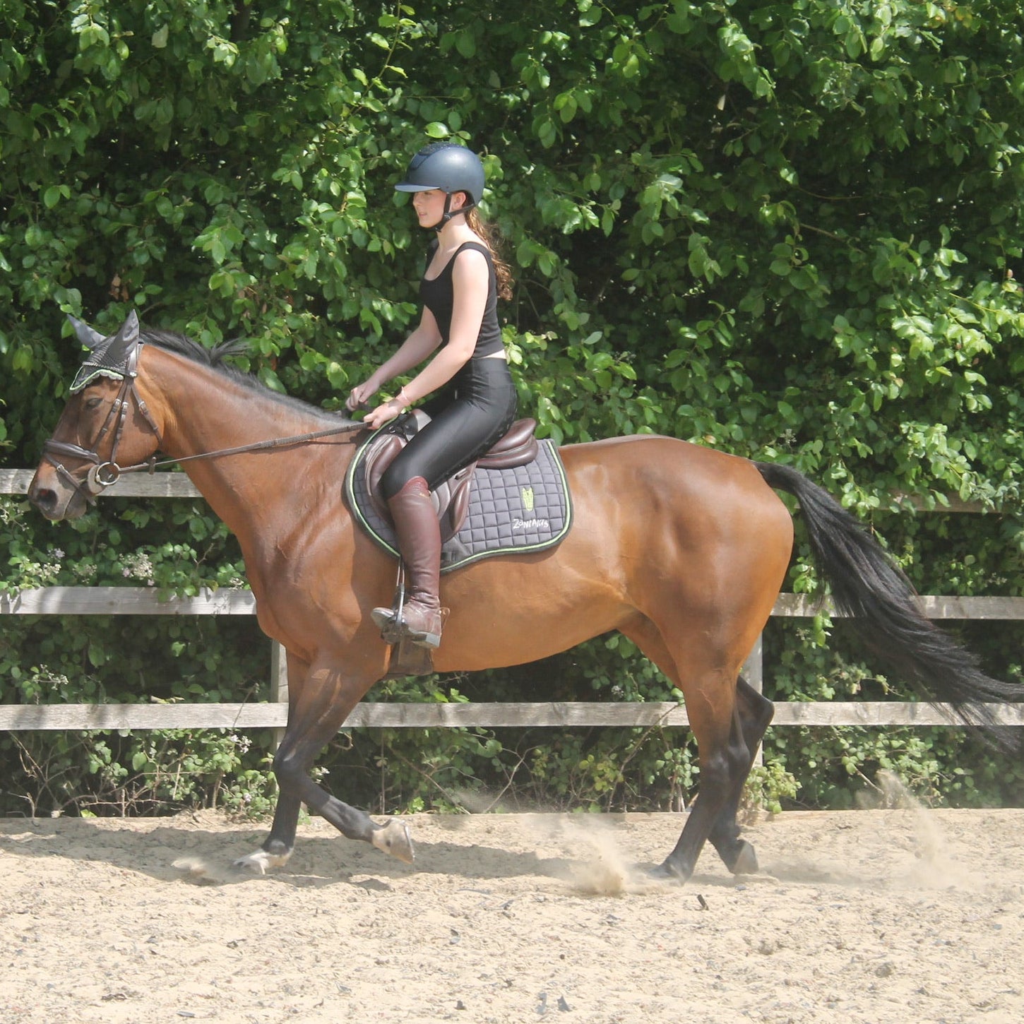 A young woman riding a horse wearing a black crop top