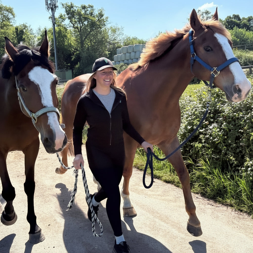 A woman walking with 2 horses wearing a light equestrian cover up jacket in black