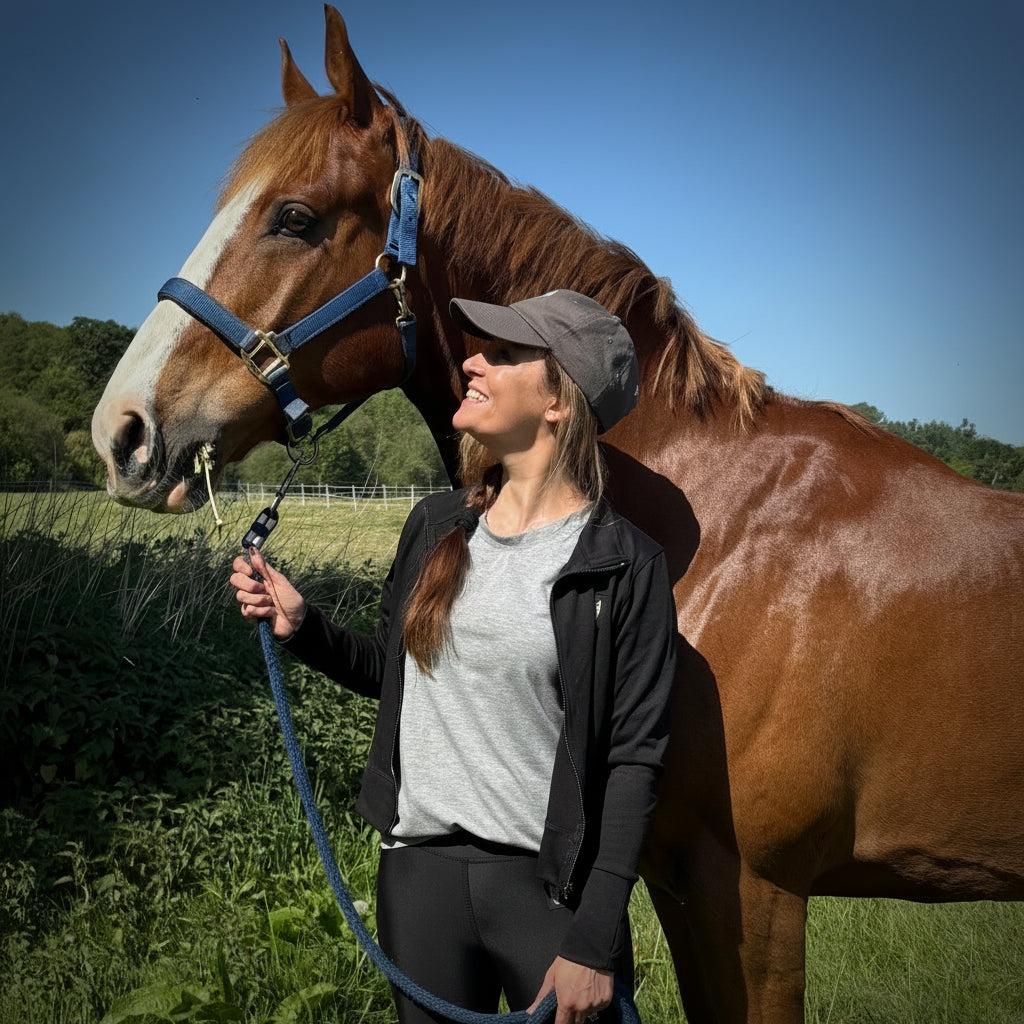 A woman standing with a horse wearing a light equestrian cover up top/jacket in black