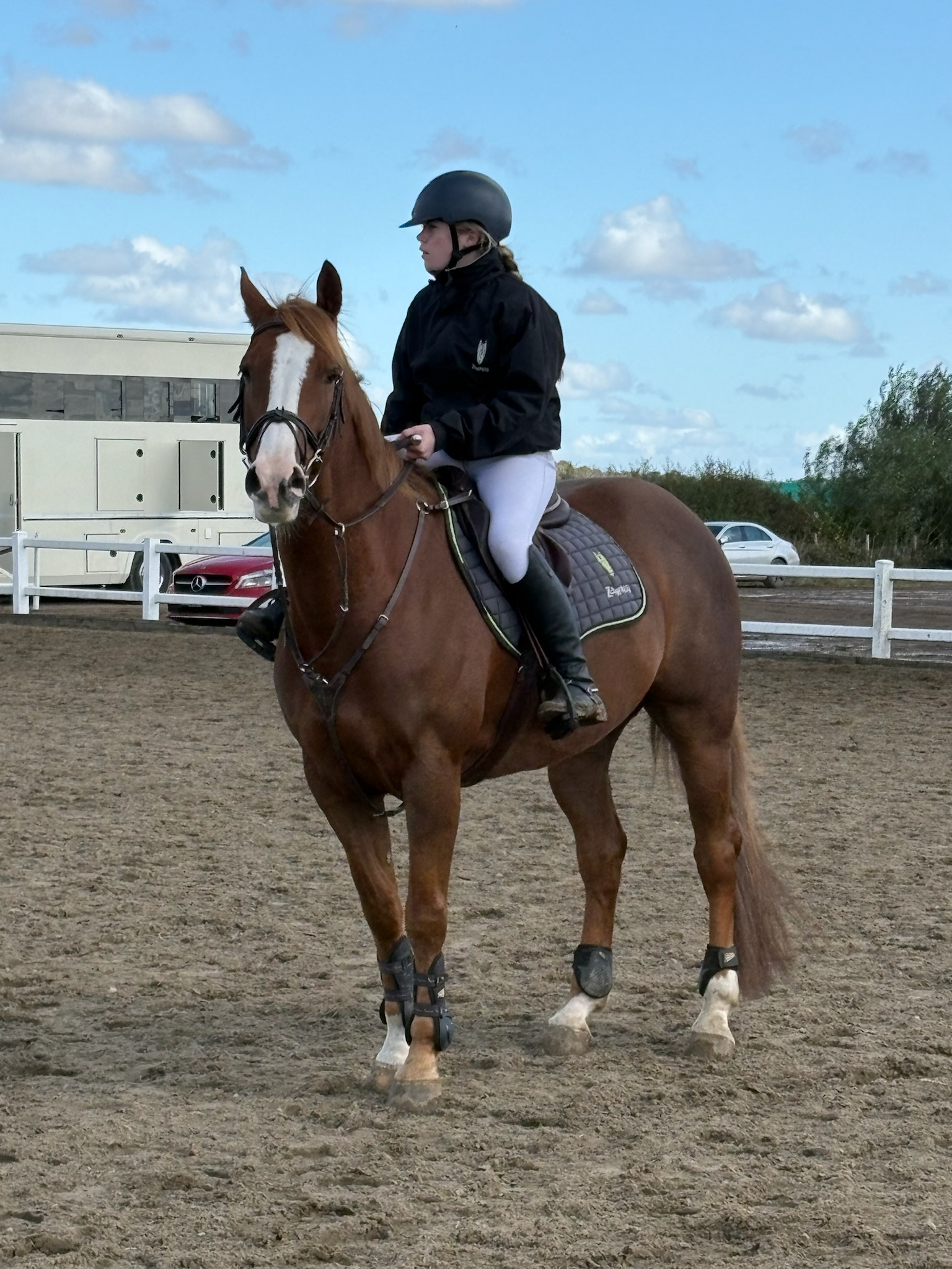 Young woman on a horse wearing an equestrian bomber jacket and Zantalas saddle pad