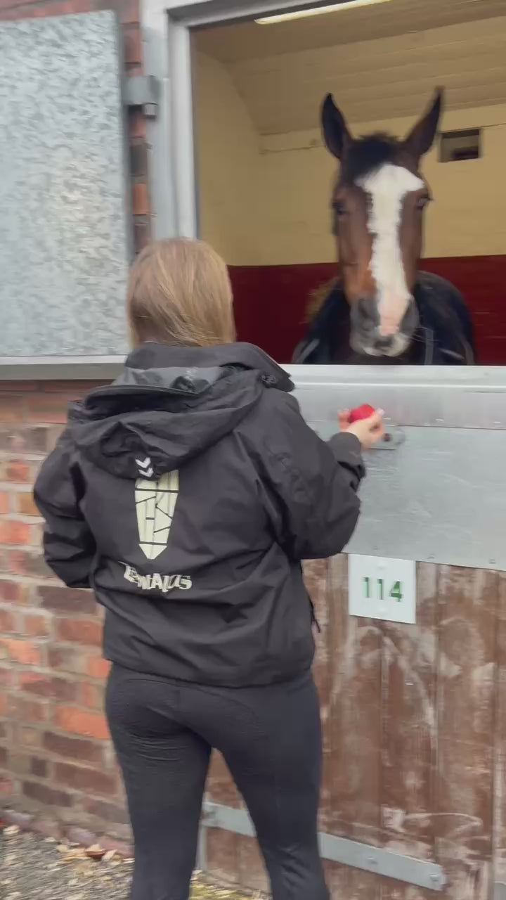 Woman wearing an equestrian bomber jacket feeding a horse an apple